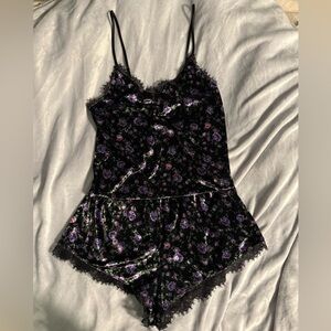 Victoria's Secret Black and Purple Floral Chemise